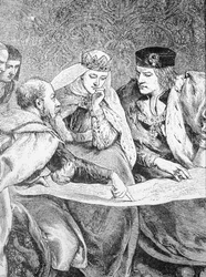 Christophe Colomb (1451-1506) décrit son voyage en Amérique au roi Ferdinand II (1452-1516) et à la reine Isabelle (1451-1504)